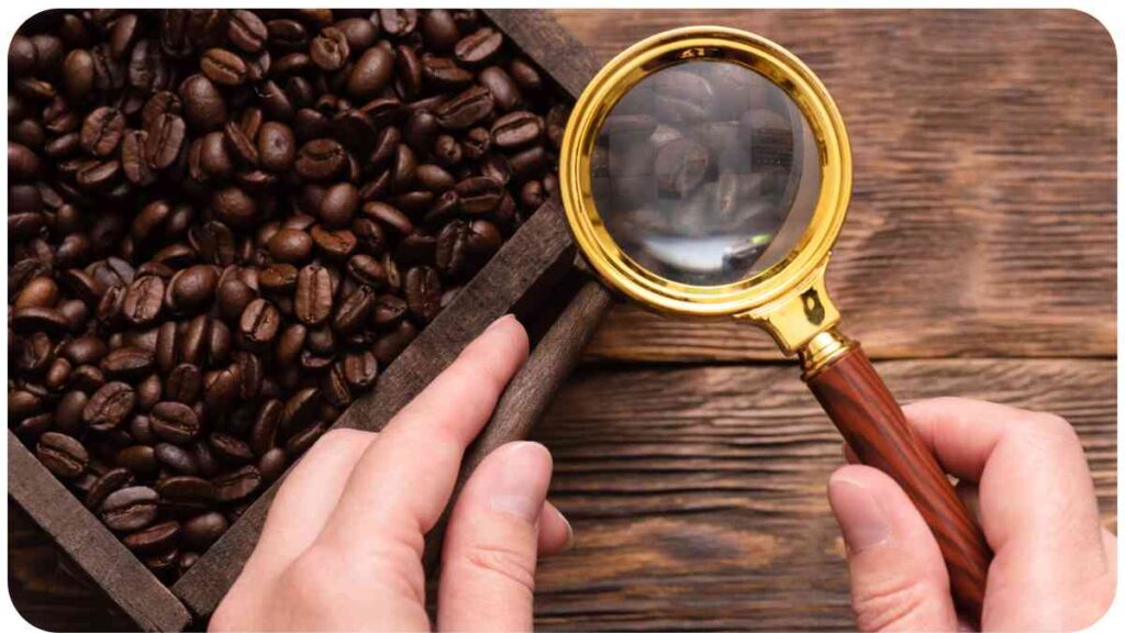 magnifying glass and coffee beans on wooden background